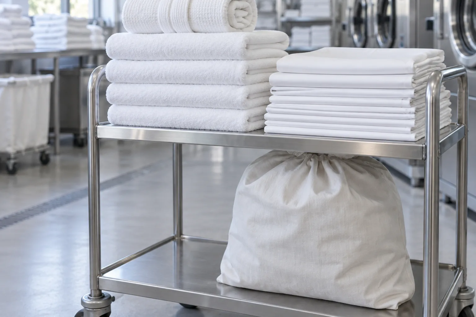 Illustrative laundry room: folded white bath towels and bed linen stacked on a steel trolley with an unmarked linen sack below