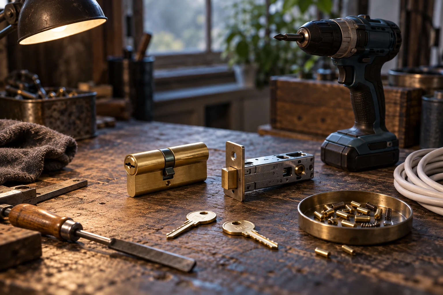 Illustrative door hardware and tools on a workshop bench: a brass cylinder, a mortice latch, a tray of brass pins, a cordless drill and two unmarked keys