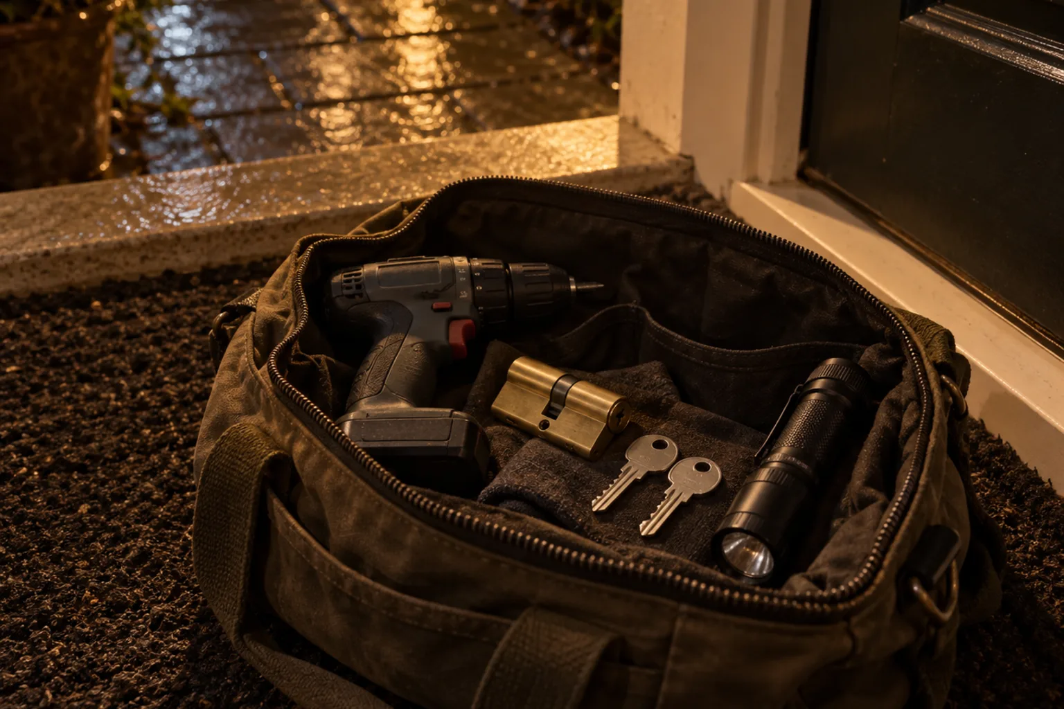 Illustrative canvas tool bag open on a doormat at a night doorstep with a cordless drill, a brass cylinder, a torch and two unmarked keys