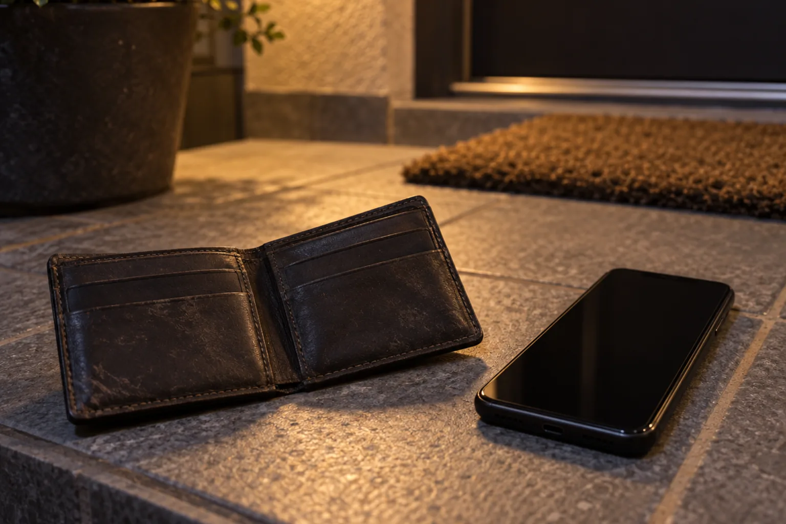 Illustrative open leather card wallet with blank card slots beside a phone with a dark screen on a tiled doorstep at night