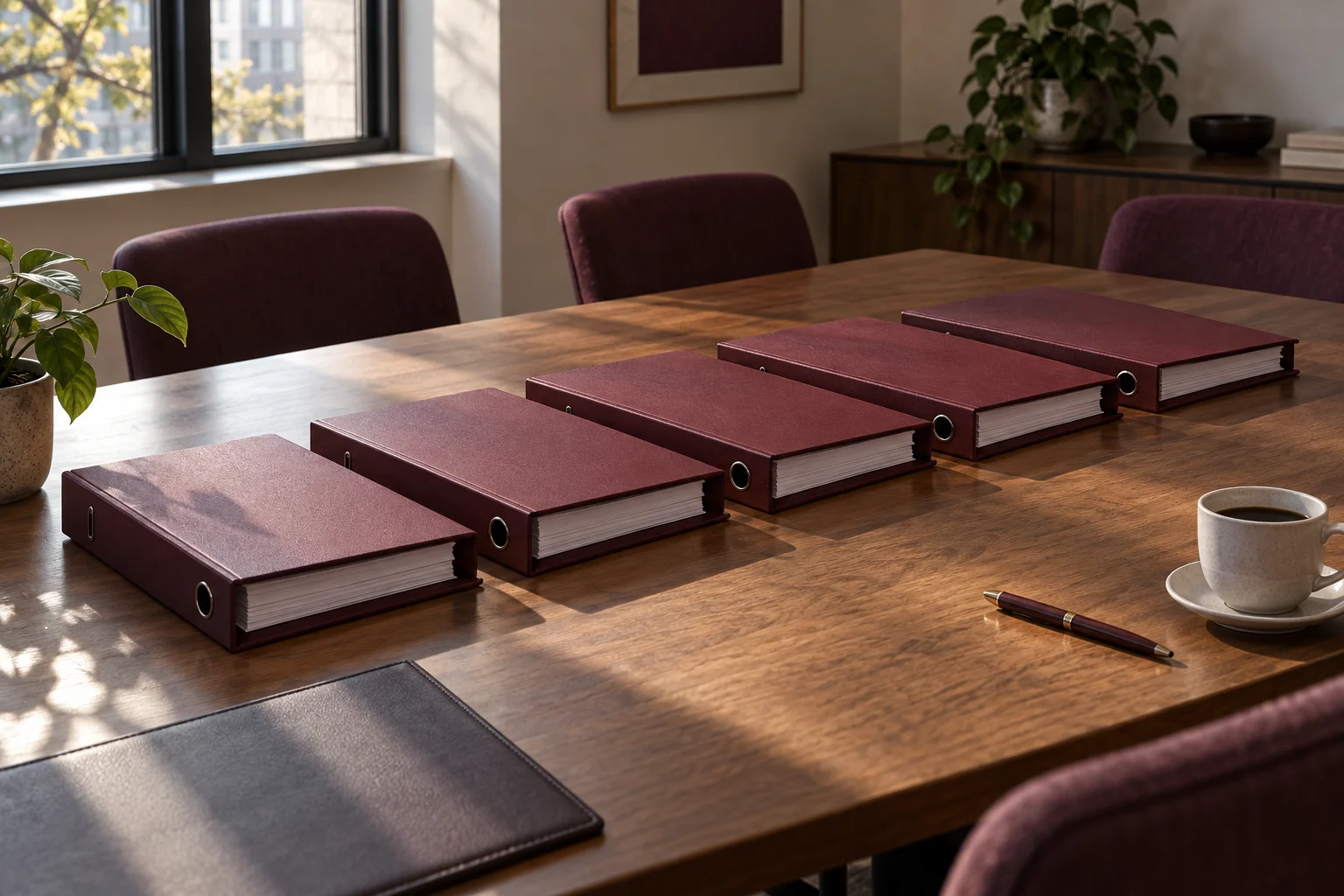 Five plain identical ring folders holding blank pages laid out in a row on a boardroom table with a pen and a cup of coffee