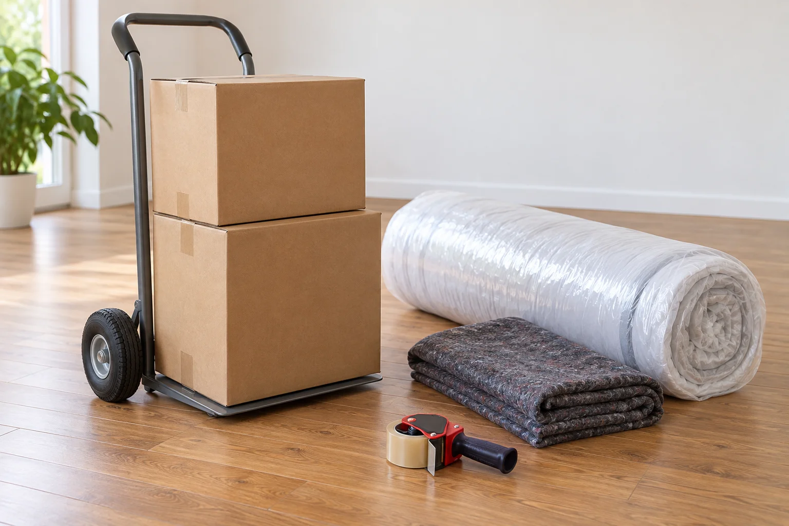 A hand trolley with two plain cartons beside a mattress bag and a tape dispenser