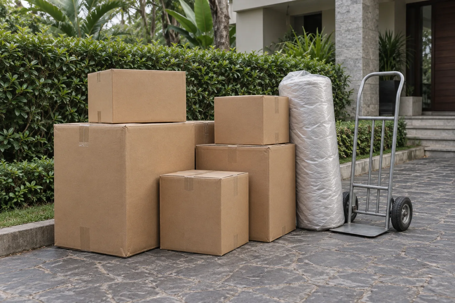 Illustrative cartons and a mattress bag stacked beside a hand trolley on a stone-paved driveway outside a home