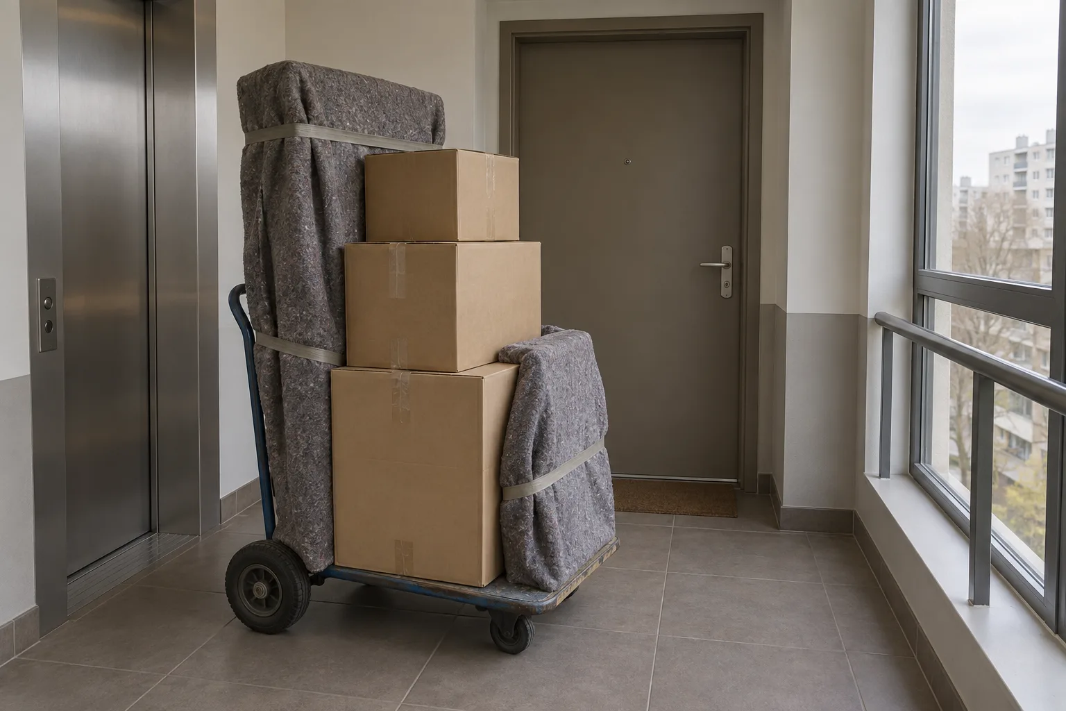 Illustrative loaded hand trolley of wrapped furniture and cartons waiting on an apartment lift landing