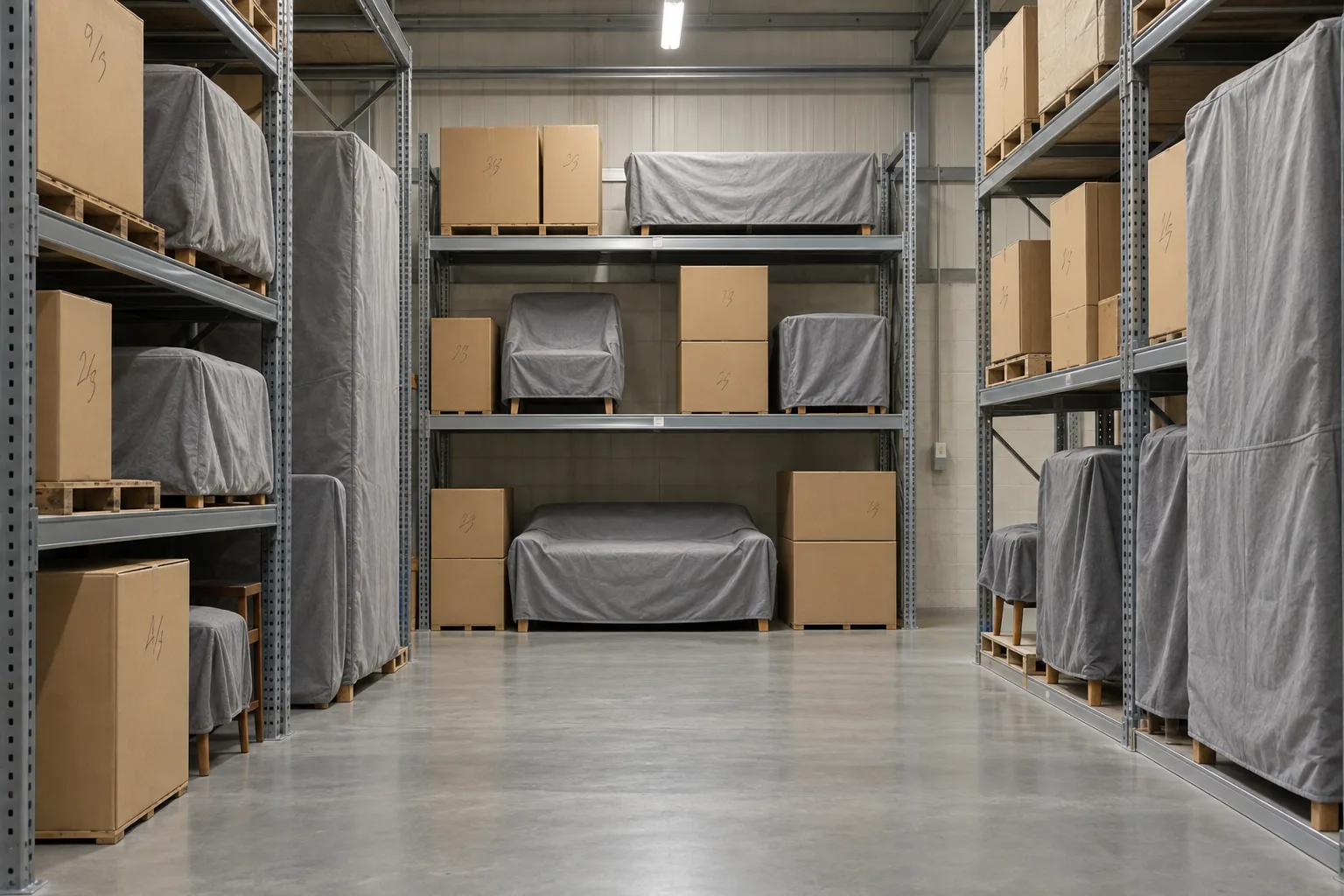 Illustrative numbered cartons and wrapped furniture standing in a dry storage bay with a clear aisle