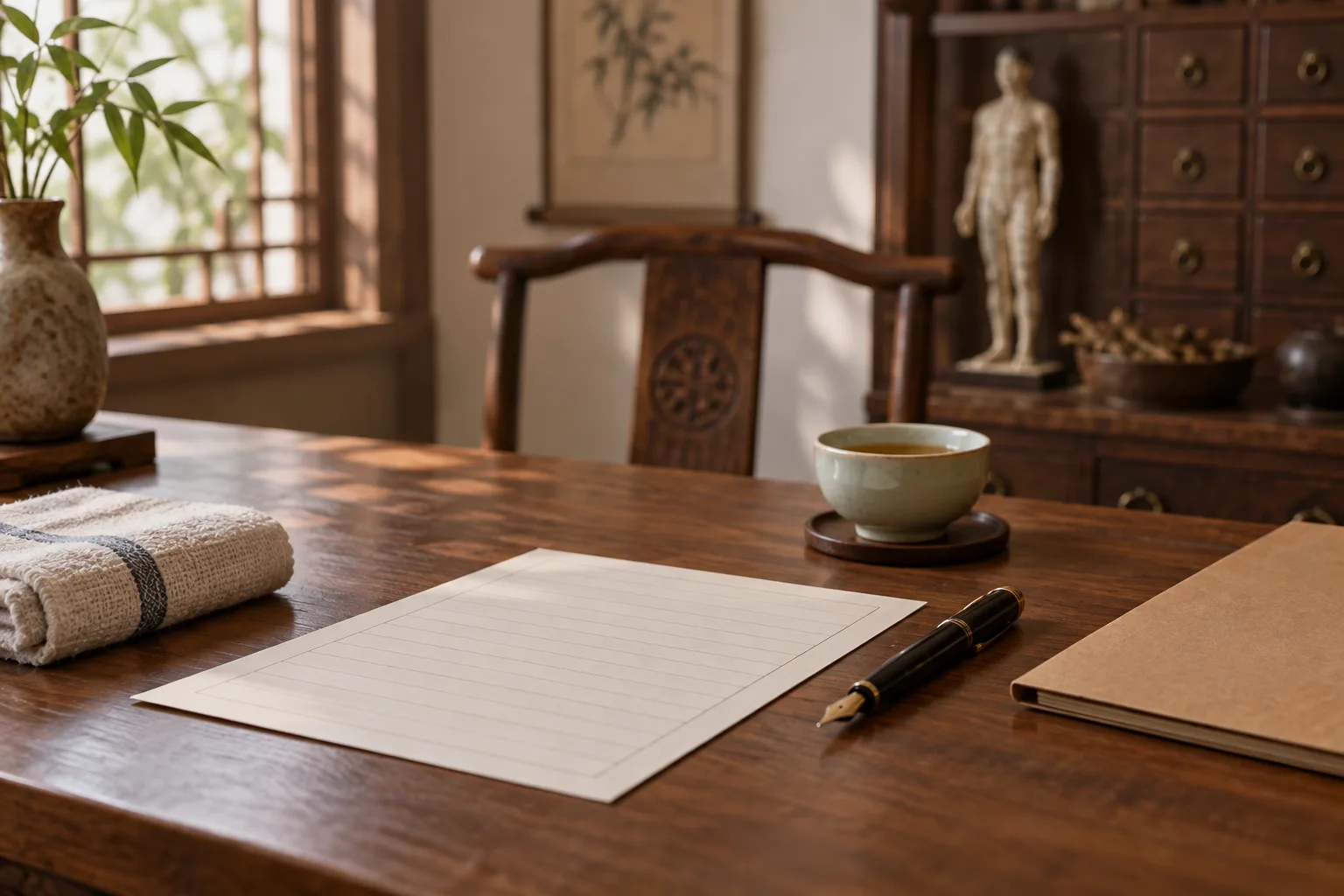 Illustrative consultation desk: a blank ruled page, a fountain pen, a folded towel and a cup of tea on a wooden desk