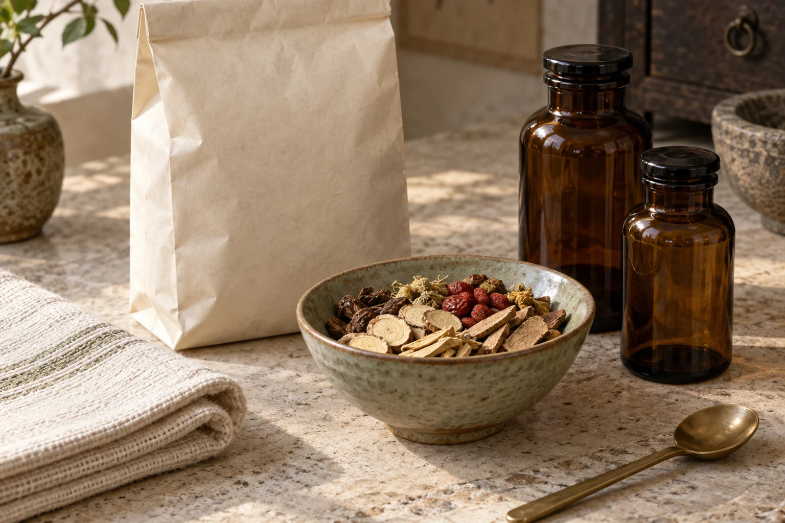 Illustrative herb packet, unlabelled amber bottles, a bowl of dried herbs, a towel and a brass spoon on stone