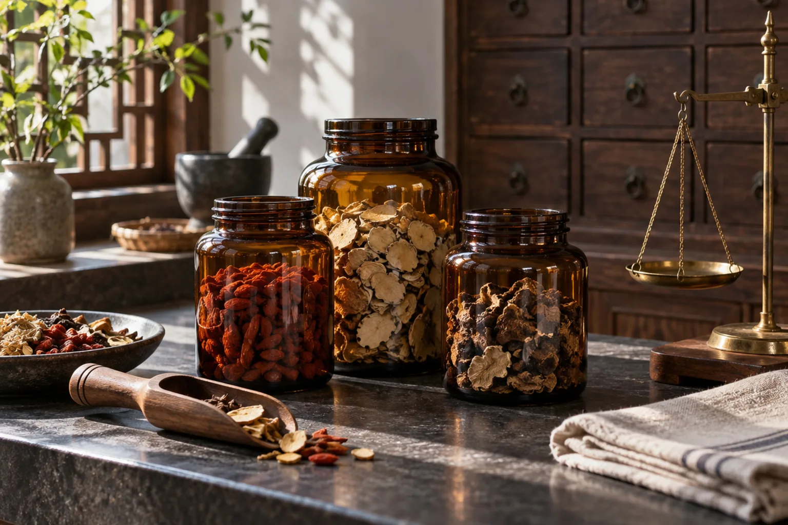 Illustrative herbal dispensary: plain unlabelled amber jars of dried herbs, a wooden scoop and a brass weighing scale