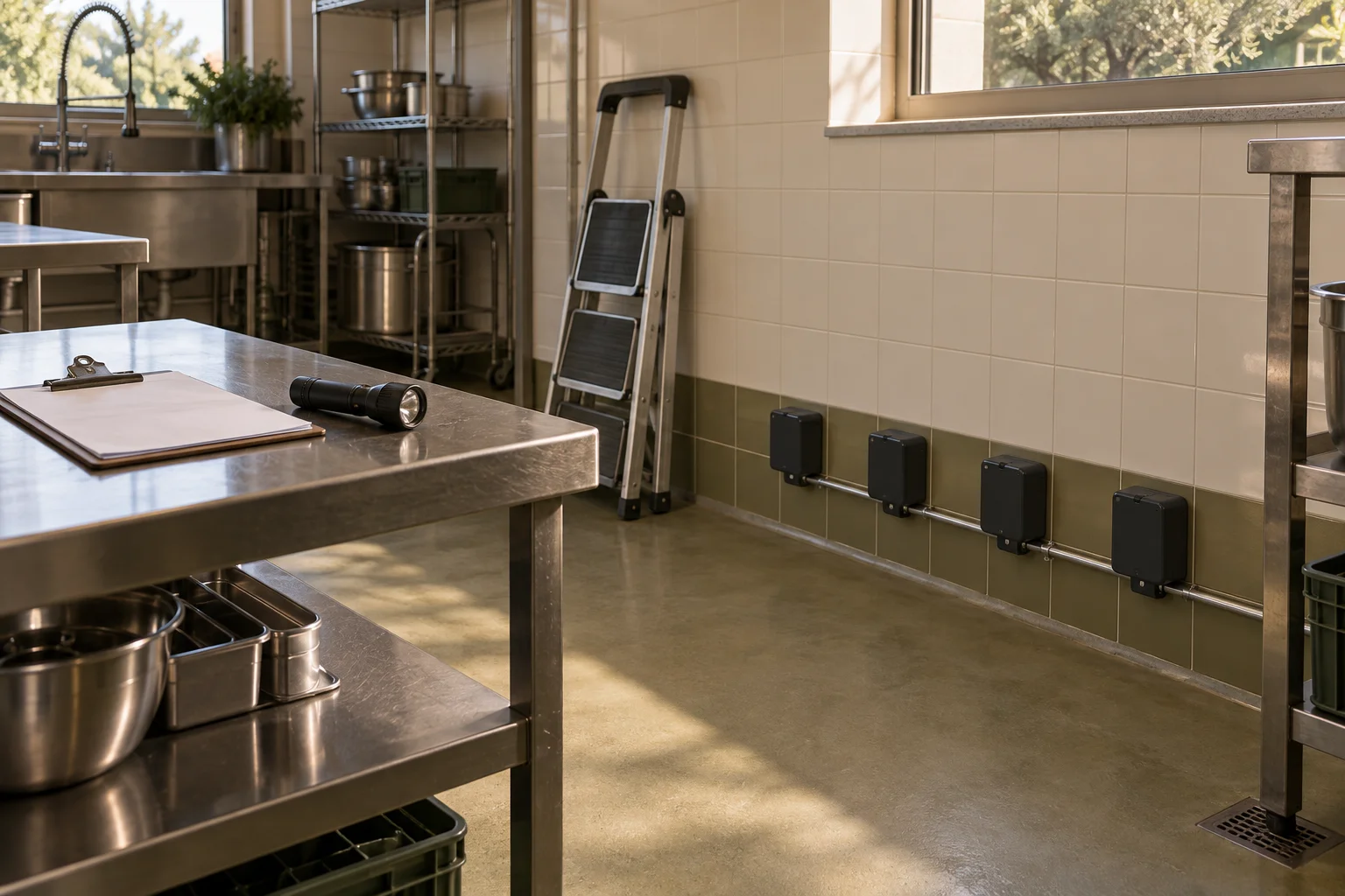 Illustrative row of unmarked monitoring stations fixed along the tiled wall of a clean commercial food room, with a step ladder, a torch and a blank record sheet