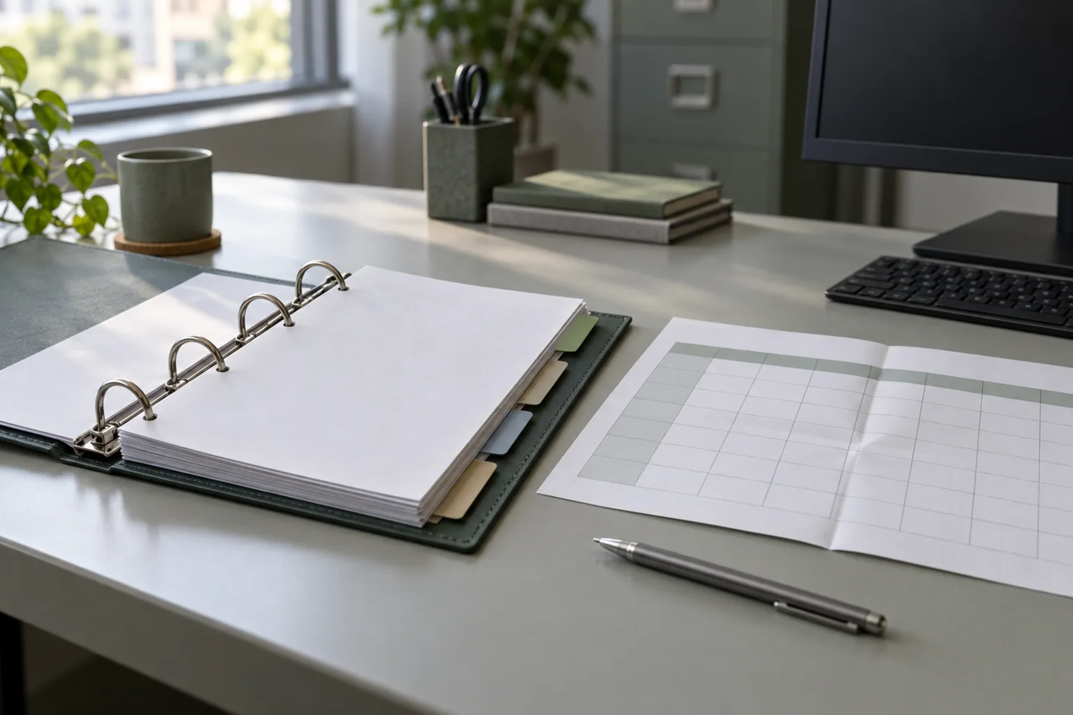 Illustrative monthly service report pack on a desk: an open ring binder with blank tabbed sections, a folded twelve-month summary sheet, a pen and a plain monitor unit at the edge