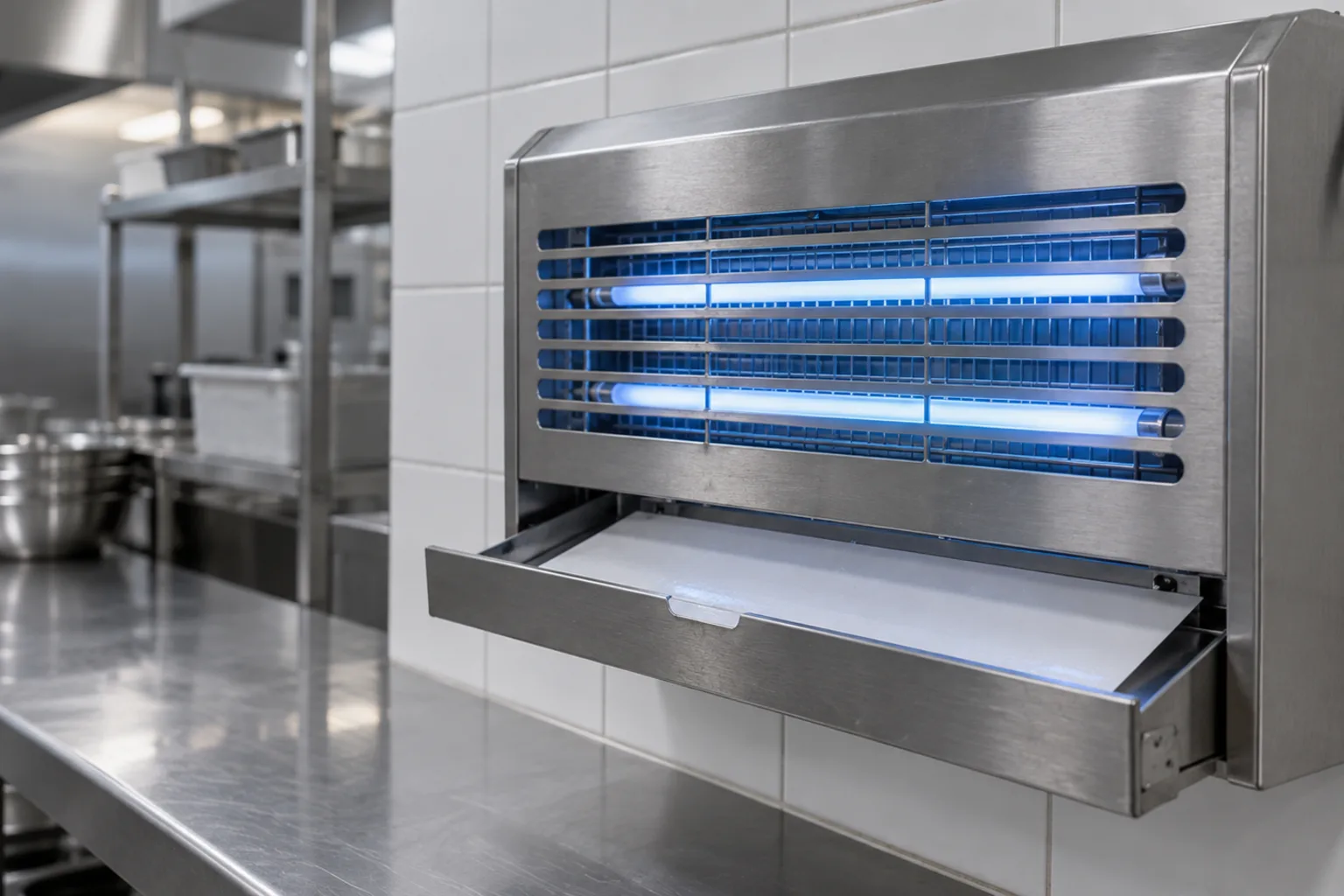 Illustrative wall-mounted insect light trap in a commercial kitchen with its catch tray open and a blank board visible inside, stainless bench behind
