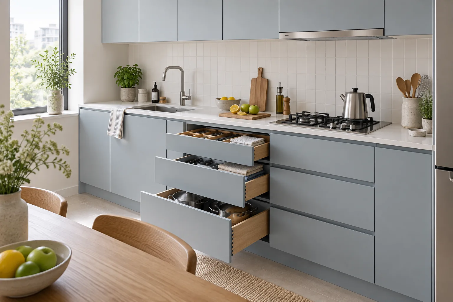 Illustrative kitchen with full-height cabinets, a worktop and brushed metal surfaces
