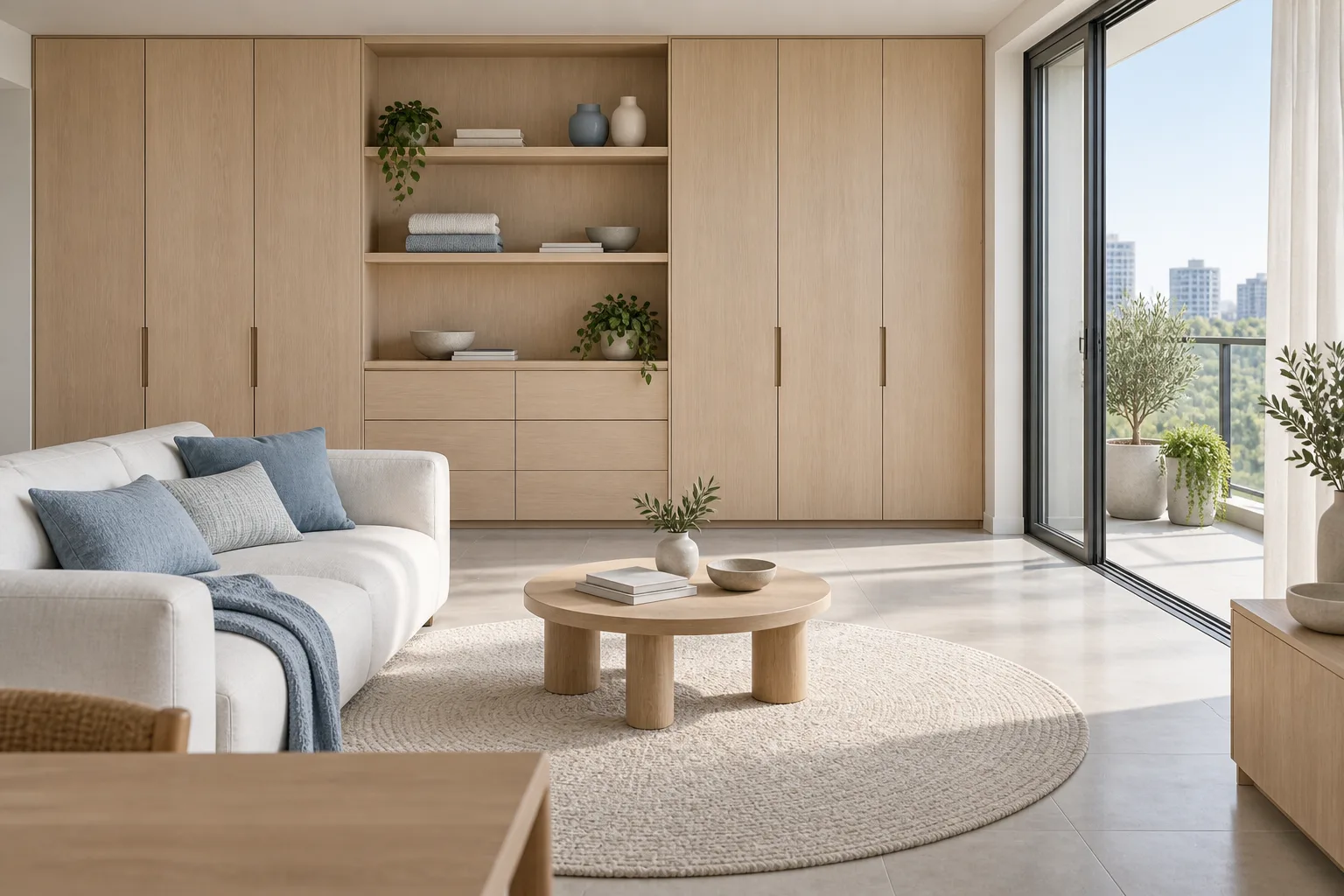 Illustrative open-plan living area with a fitted storage wall