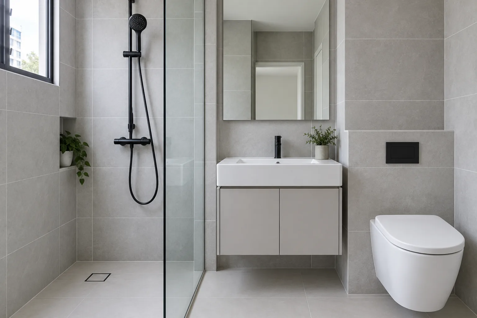 Illustrative finished bathroom with grey wall tiles, a glass screen and a wall-hung basin