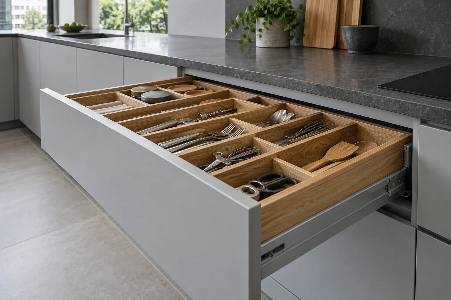Illustrative kitchen drawer with oak dividers, utensils and precise cabinet reveals