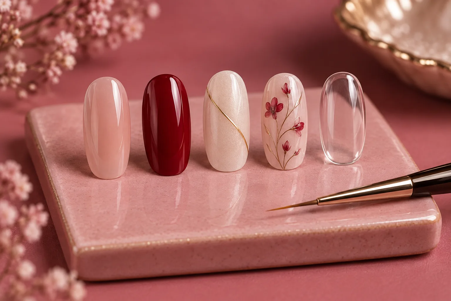 Five finished gel nail tips on a blush tile with a fine liner brush