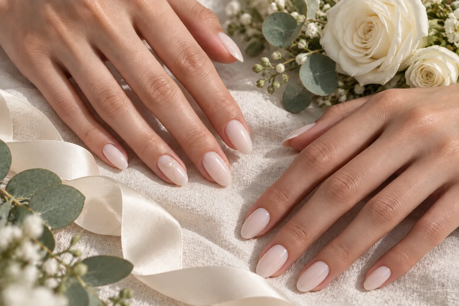 Illustrative bridal manicure beside wedding accessories