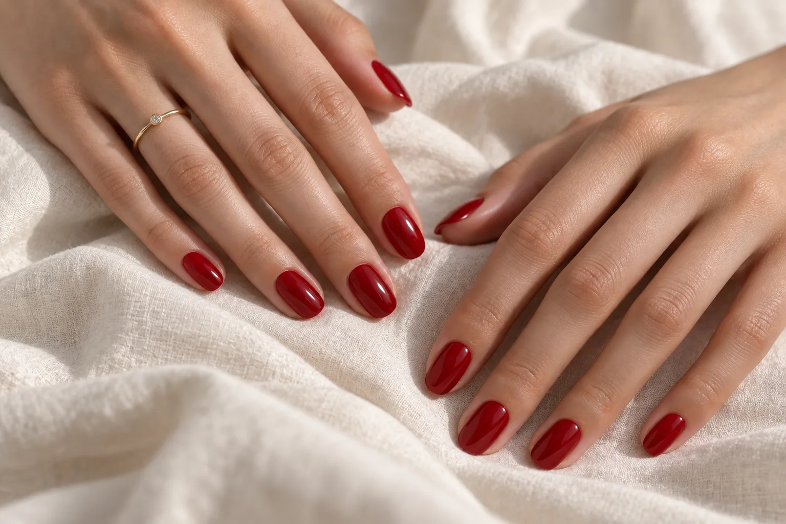 Sheer blush nails with cherry-red tips, illustrative style study