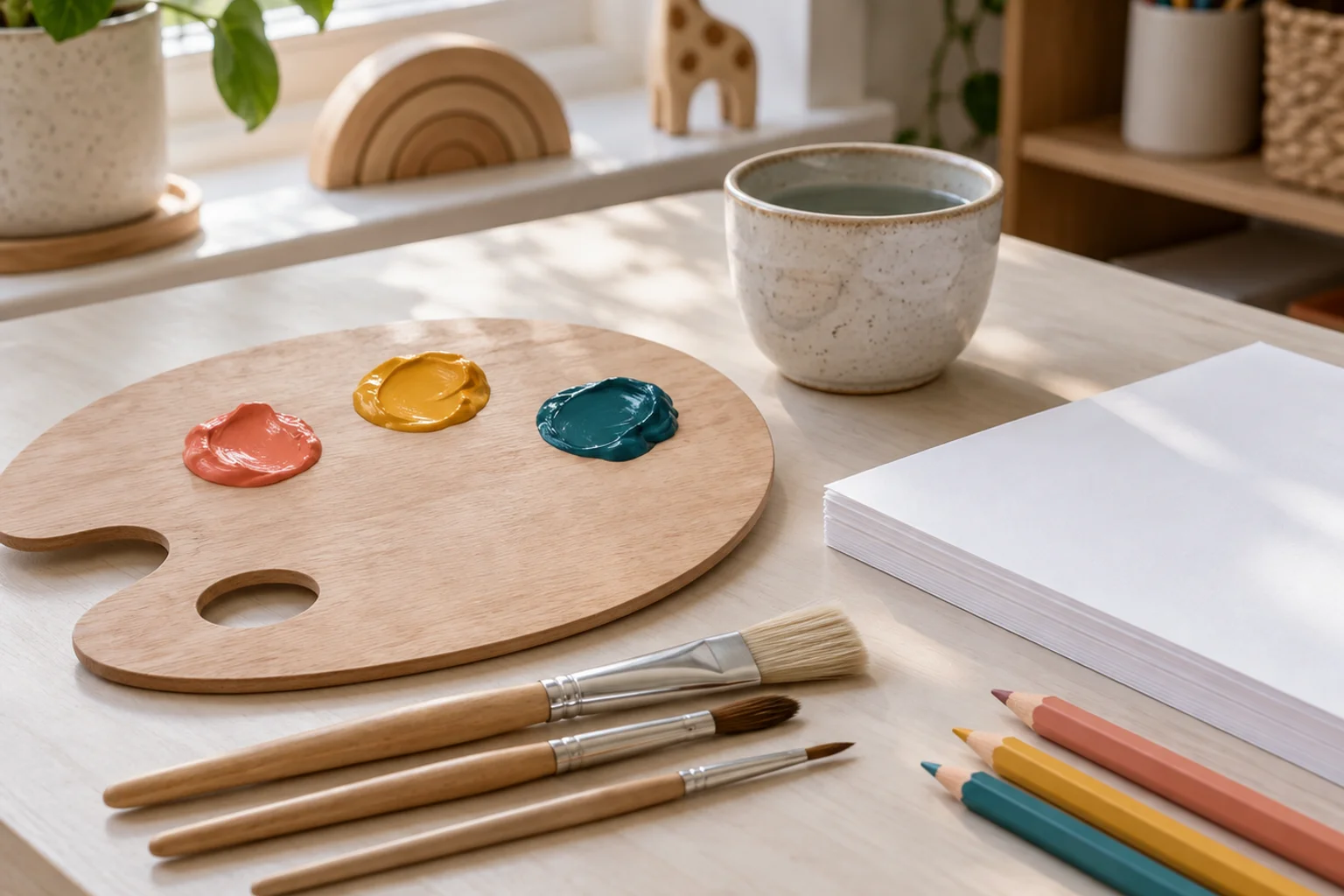 Illustrative studio still life: a wooden palette with coral, mustard and teal paint beside brushes, a water pot, blank paper and pencils