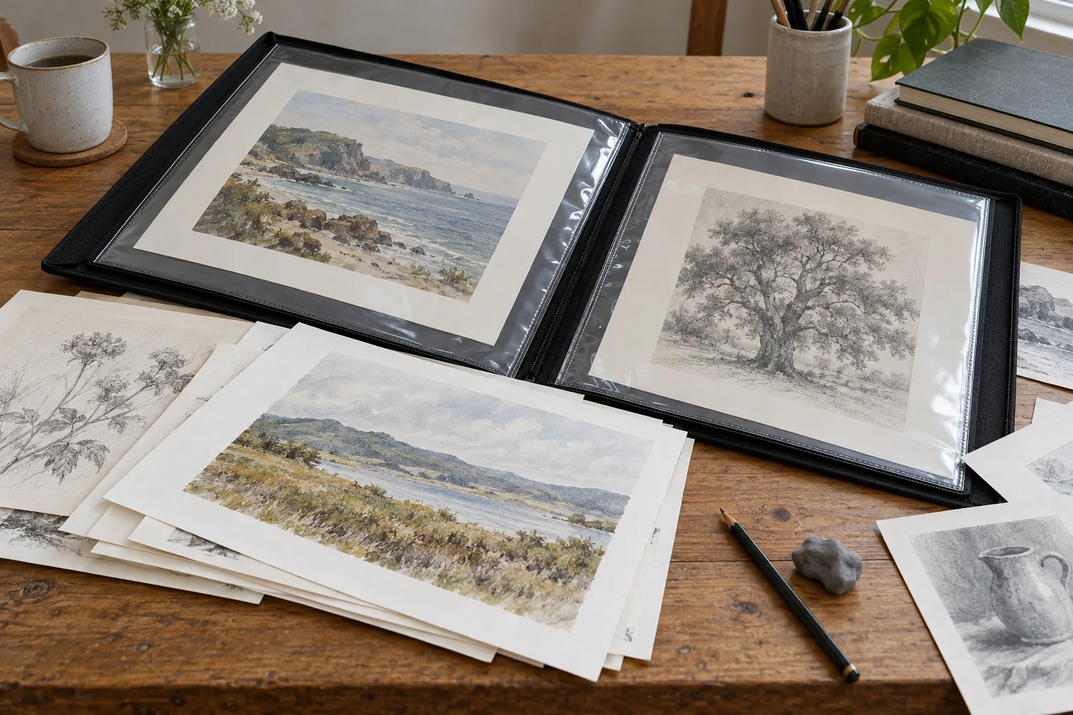 Illustrative open portfolio folder on a wooden table with loose studies, mounted work in clear sleeves, a pencil and a stack of sketchbooks