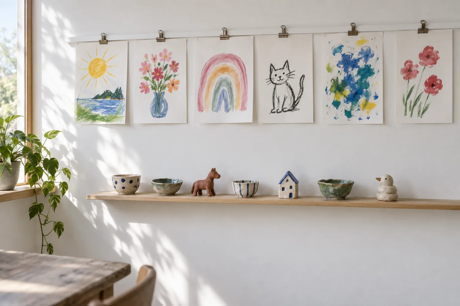 Illustrative studio show wall with children’s drawings and paintings clipped to a picture rail above a shelf of small ceramic pieces