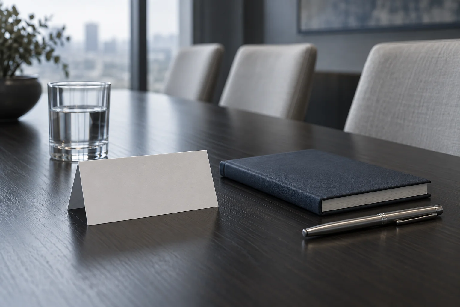 Illustrative conference table detail: a blank folded name card with no lettering, a closed notebook and a pen beside a glass of water