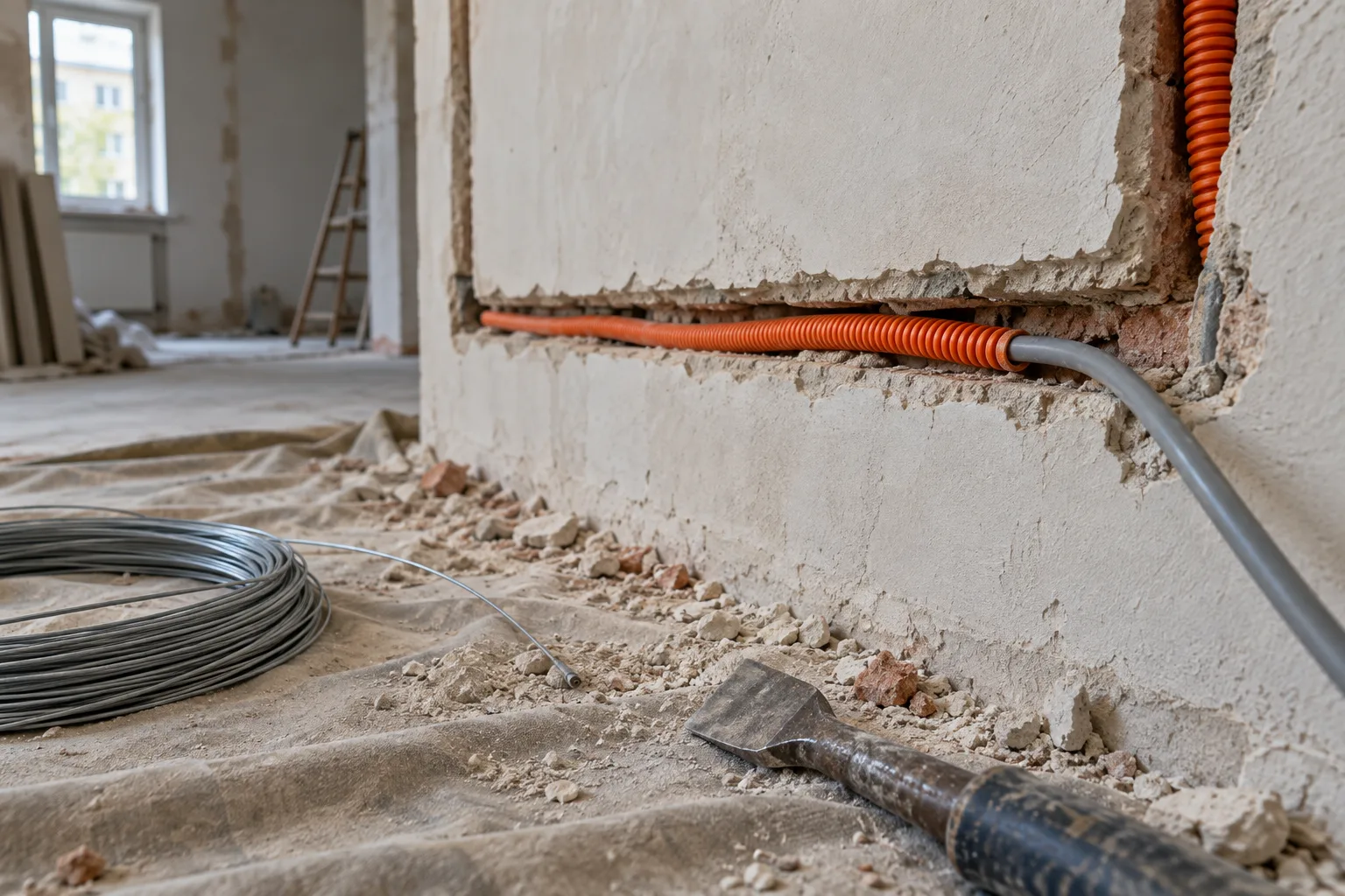 Illustrative rewire in progress: a chased wall with conduit and cable run into it and a dust sheet below