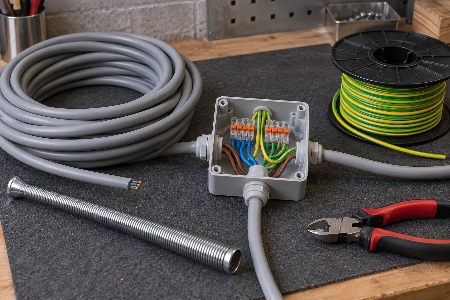 Illustrative detail study of a labelled distribution board with numbered circuits and a printed schedule beside it, alongside a coil of cable, a pipe bender, a pipe cutter and a clipboard of blank test sheets