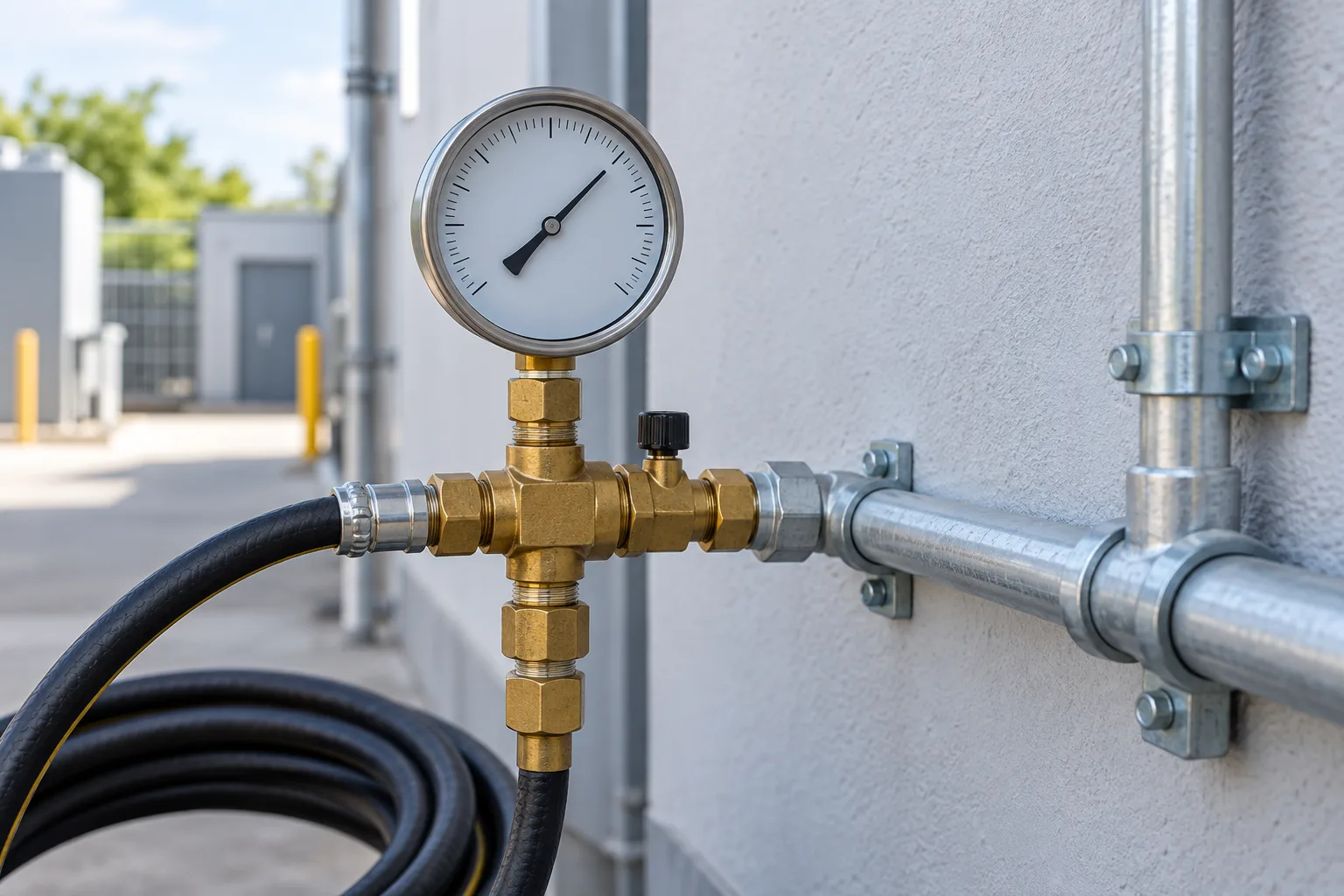 Illustrative pressure test on new supply pipework: a gauge on a brass manifold with the test hose coiled below