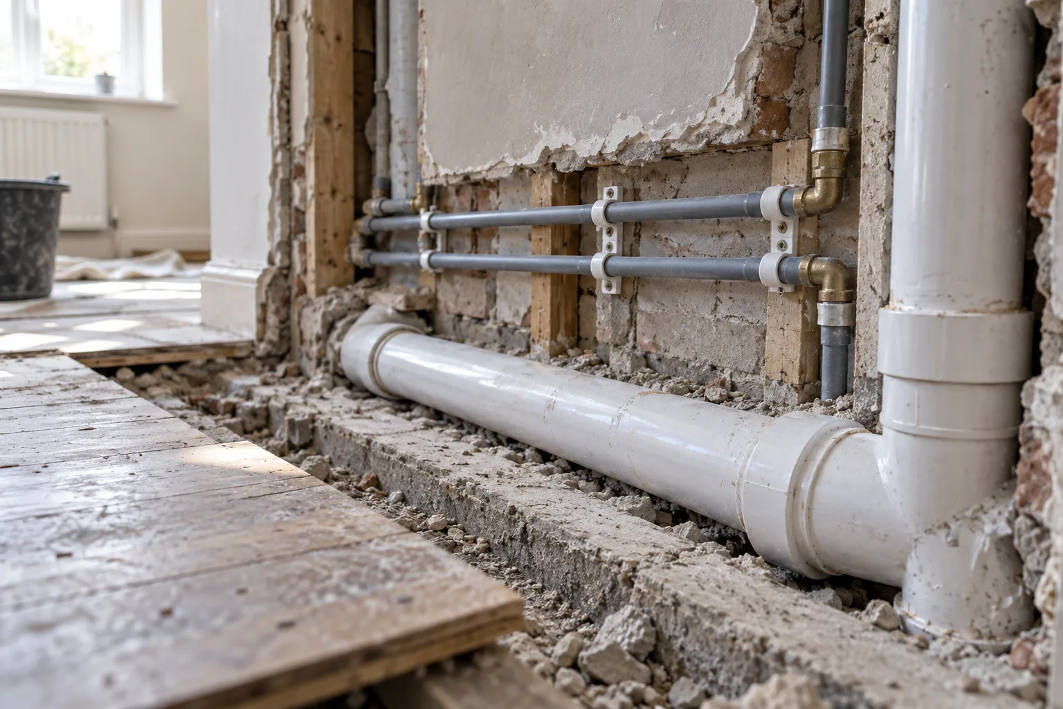 Illustrative re-piping in progress: an opened floor showing new supply pipework and a larger drainage run with solvent-weld joints