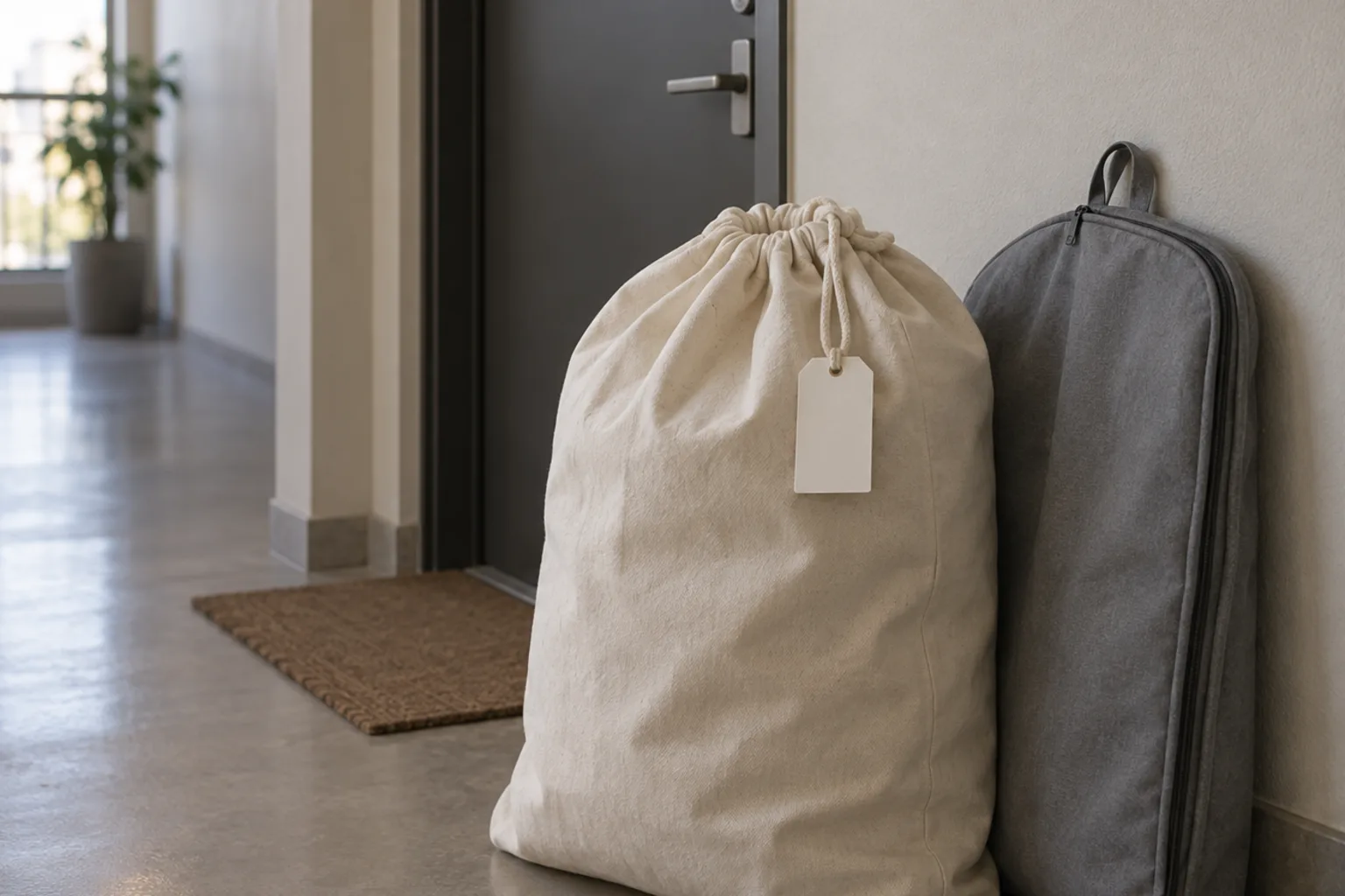 Illustrative collection: a plain canvas laundry bag with a blank tag beside a grey garment bag in a residential corridor