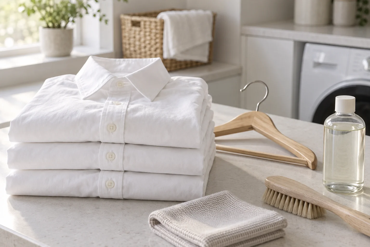 Illustrative counter detail: folded white shirts, a wooden hanger, an unlabelled bottle, a brush and a cloth on a pale counter