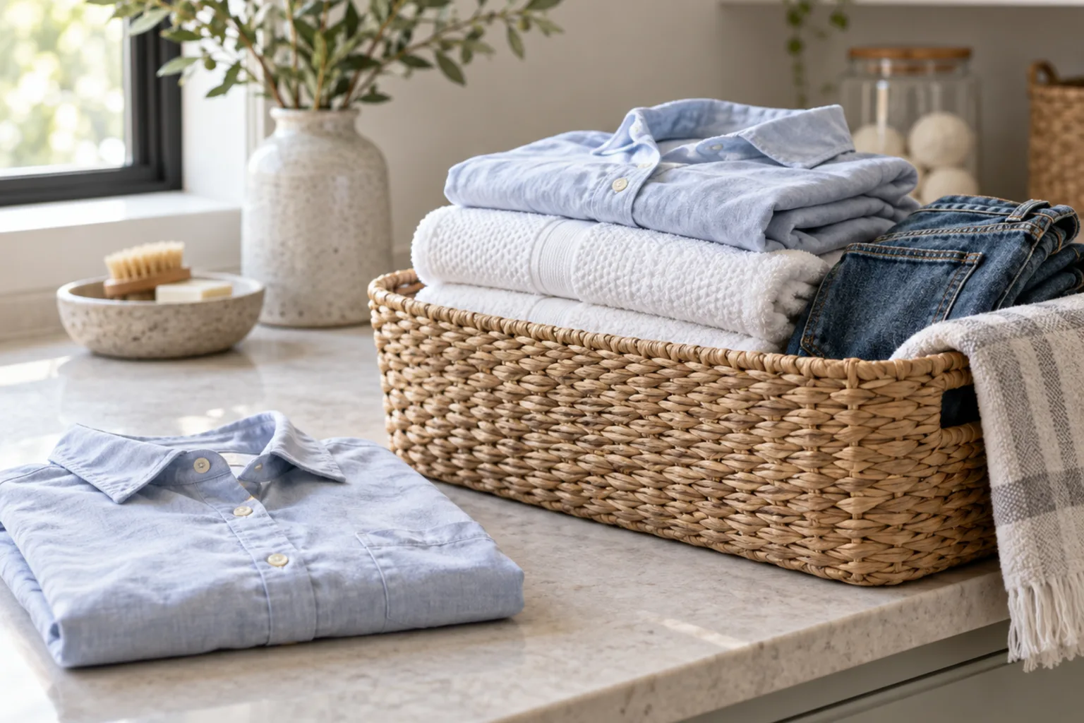 Illustrative wash and fold: folded shirts, towels and jeans in a woven basket on a pale stone counter