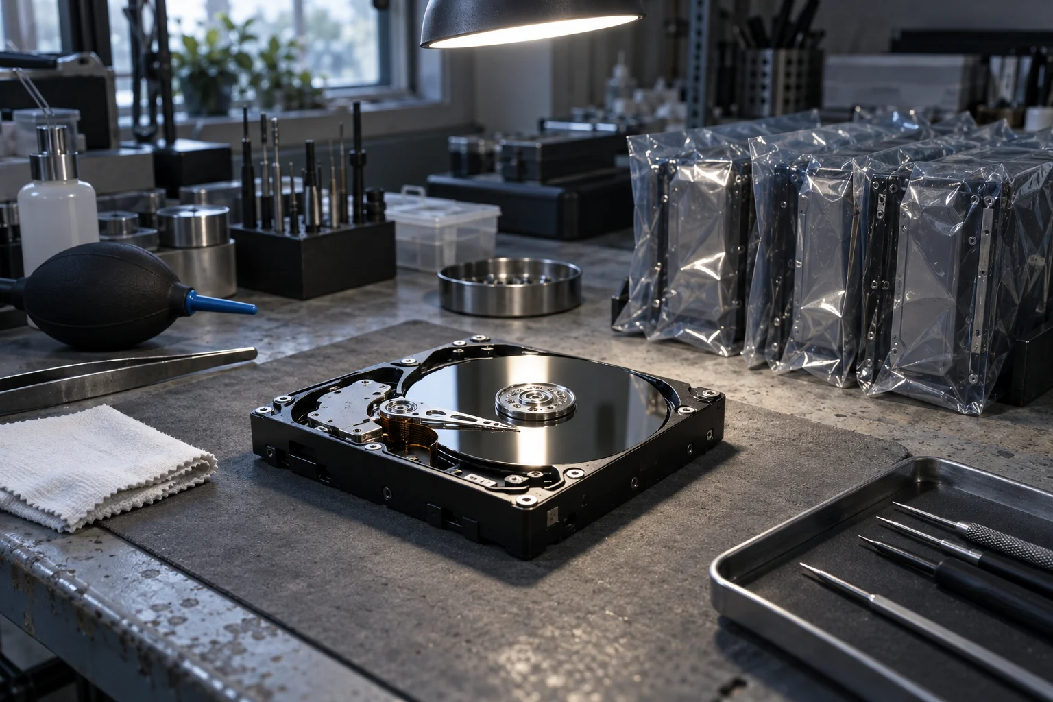 Illustrative data-recovery bench: an opened drive under a bench lamp with its platter and head stack visible, unmarked donor drives sealed in clear antistatic bags beside a lint-free cloth and a screwdriver tray