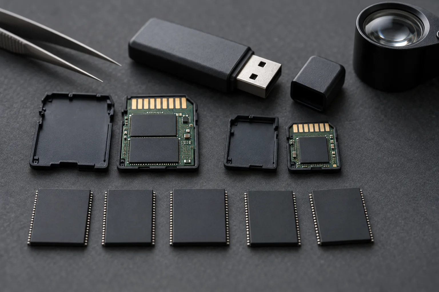 Illustrative flash-media detail: bare NAND chips, opened memory cards and a USB drive laid out on a dark antistatic mat beside fine tweezers and a jeweller's loupe