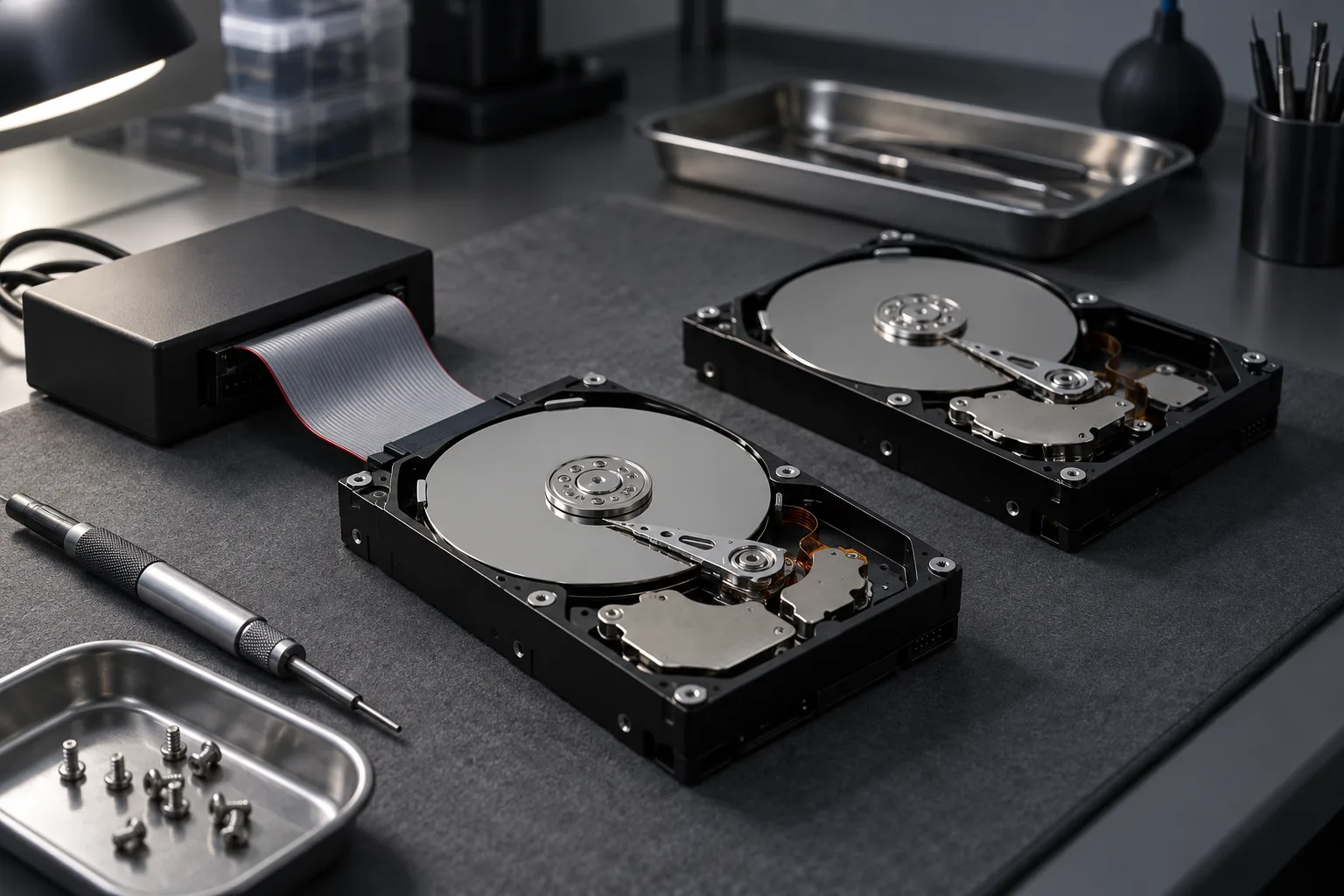 Illustrative imaging bench: two bare desktop drives on a dark antistatic mat, one connected by a flat cable to a bench dock, with a precision screwdriver and a tray of screws beside them