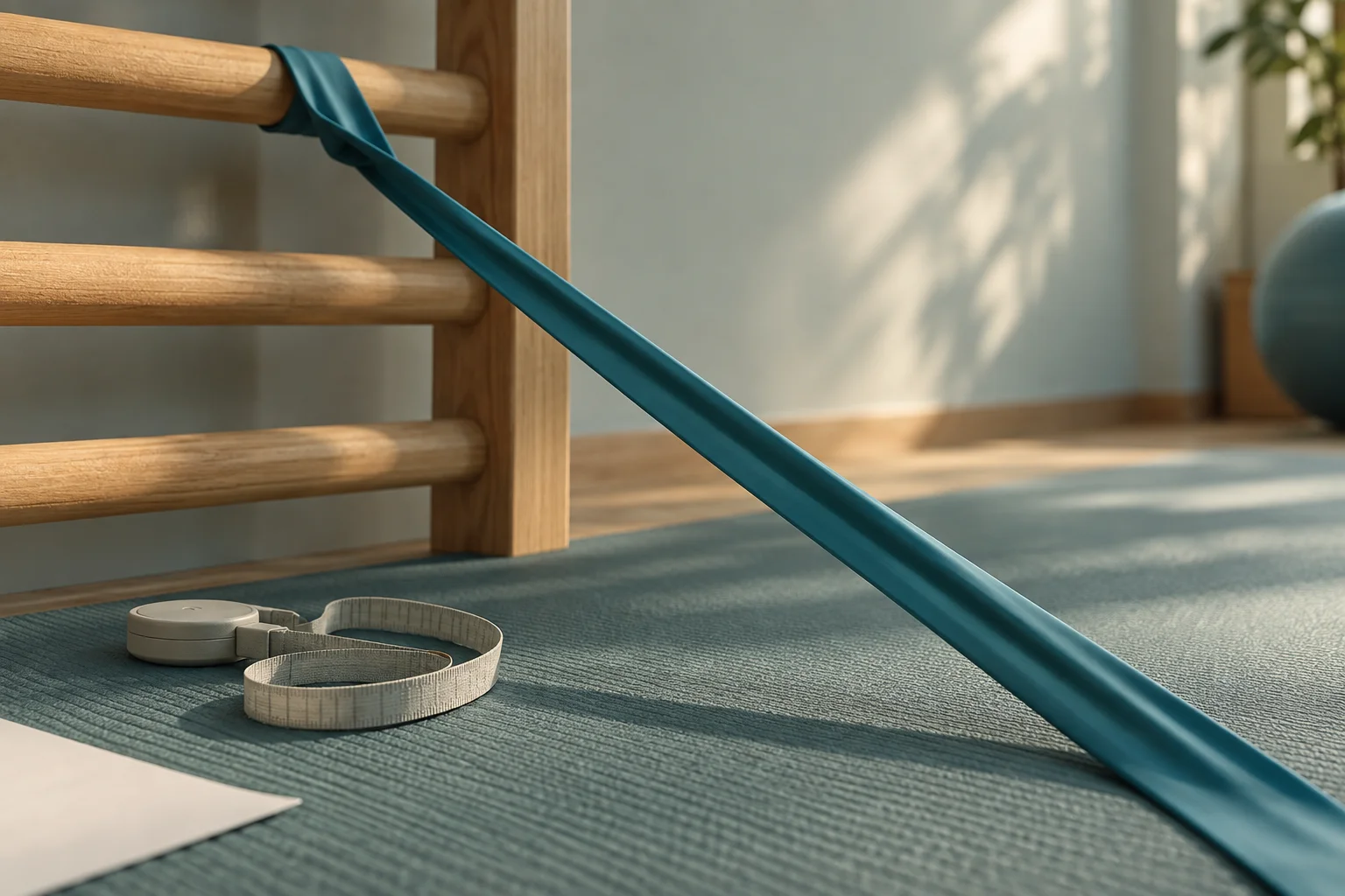 Illustrative rehabilitation session: a resistance band anchored to a wall rail, a coiled measuring tape on the mat and a blank sheet of paper