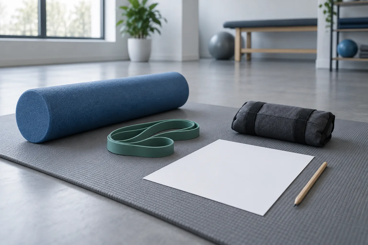 Illustrative rehabilitation equipment on a mat: a foam roller, a coiled resistance band, a sandbag and a blank sheet with a pencil