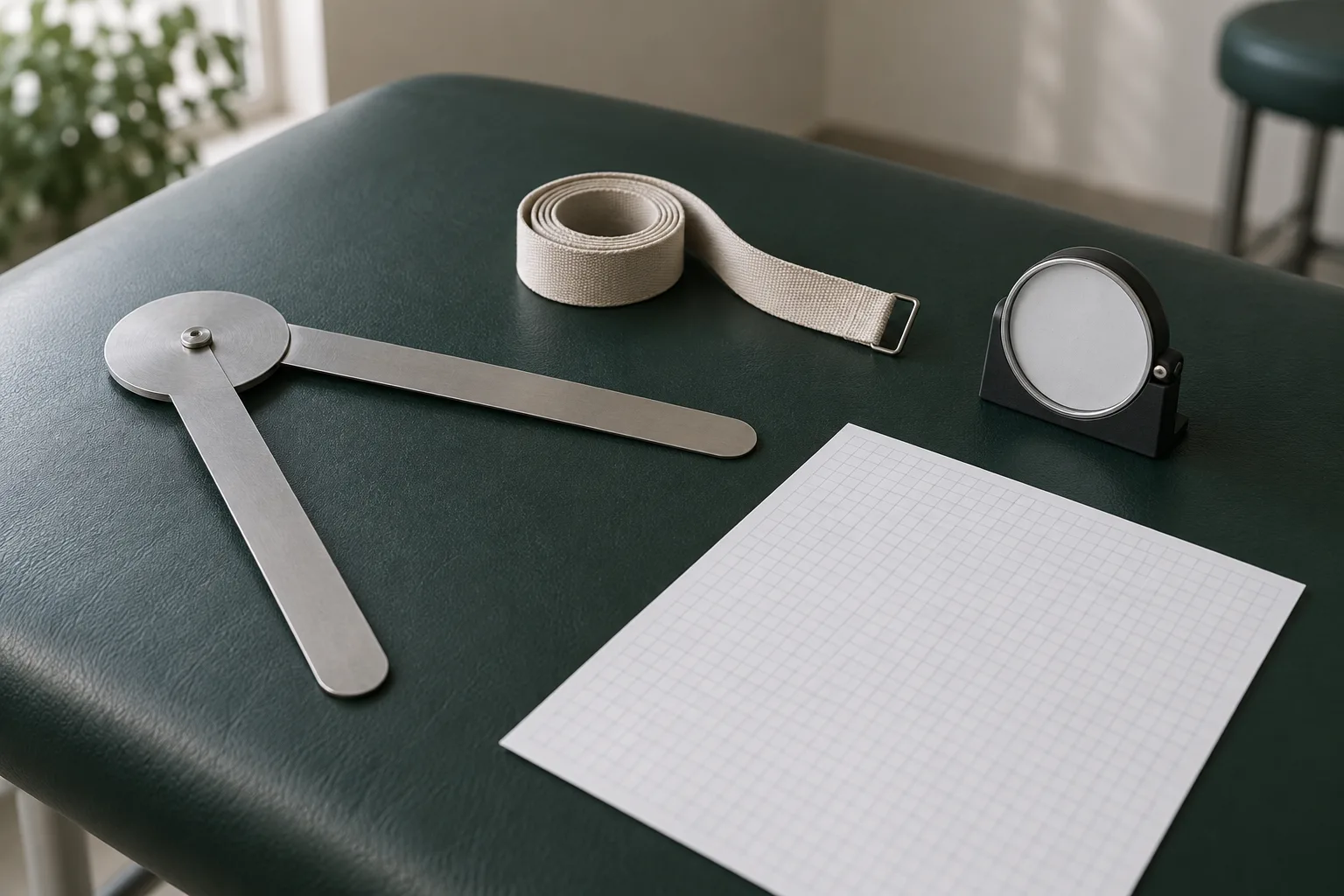 Illustrative physiotherapy review tools on a treatment plinth: a goniometer, a fabric tape, an inclinometer and a blank sheet