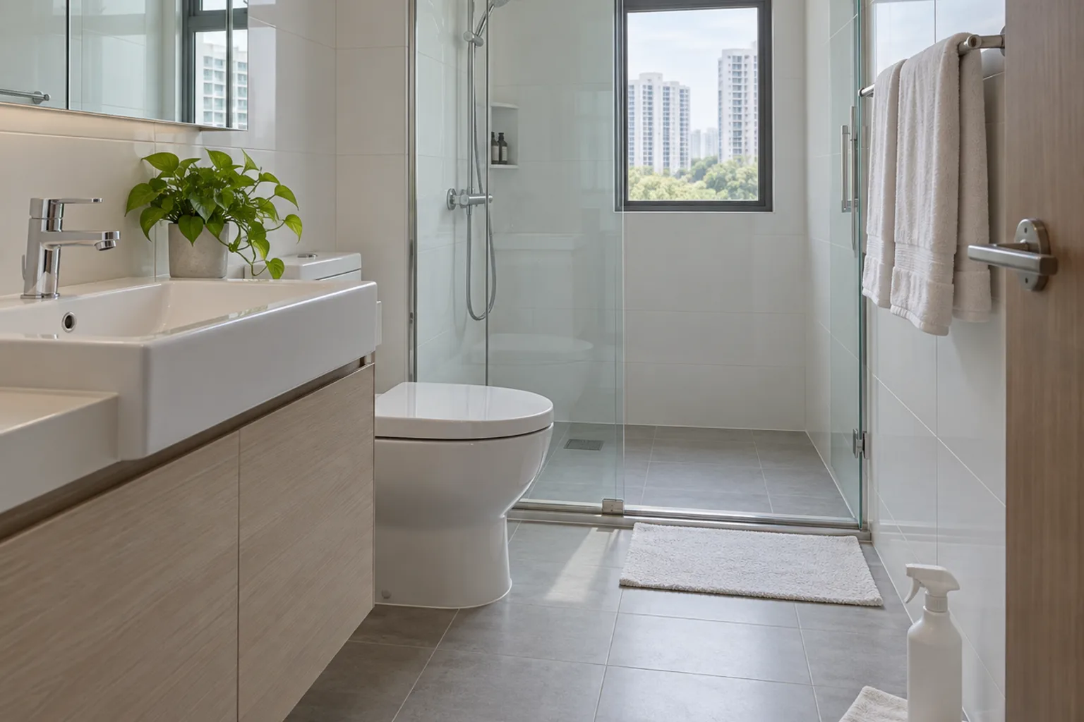 Illustrative bathroom in a vacated flat, tiles and glass wiped clear
