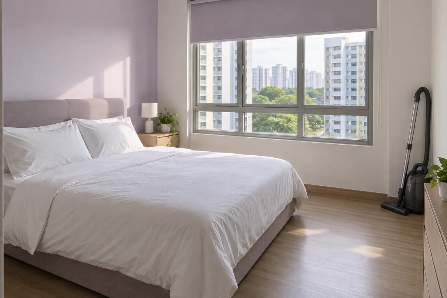 Illustrative bedroom after a move-in clean, plain white linen and a bare floor