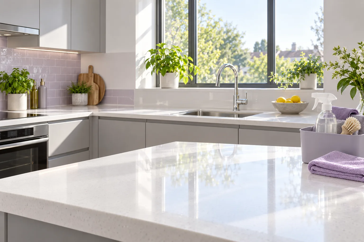 Illustrative kitchen with cleaned worktops and clear surfaces