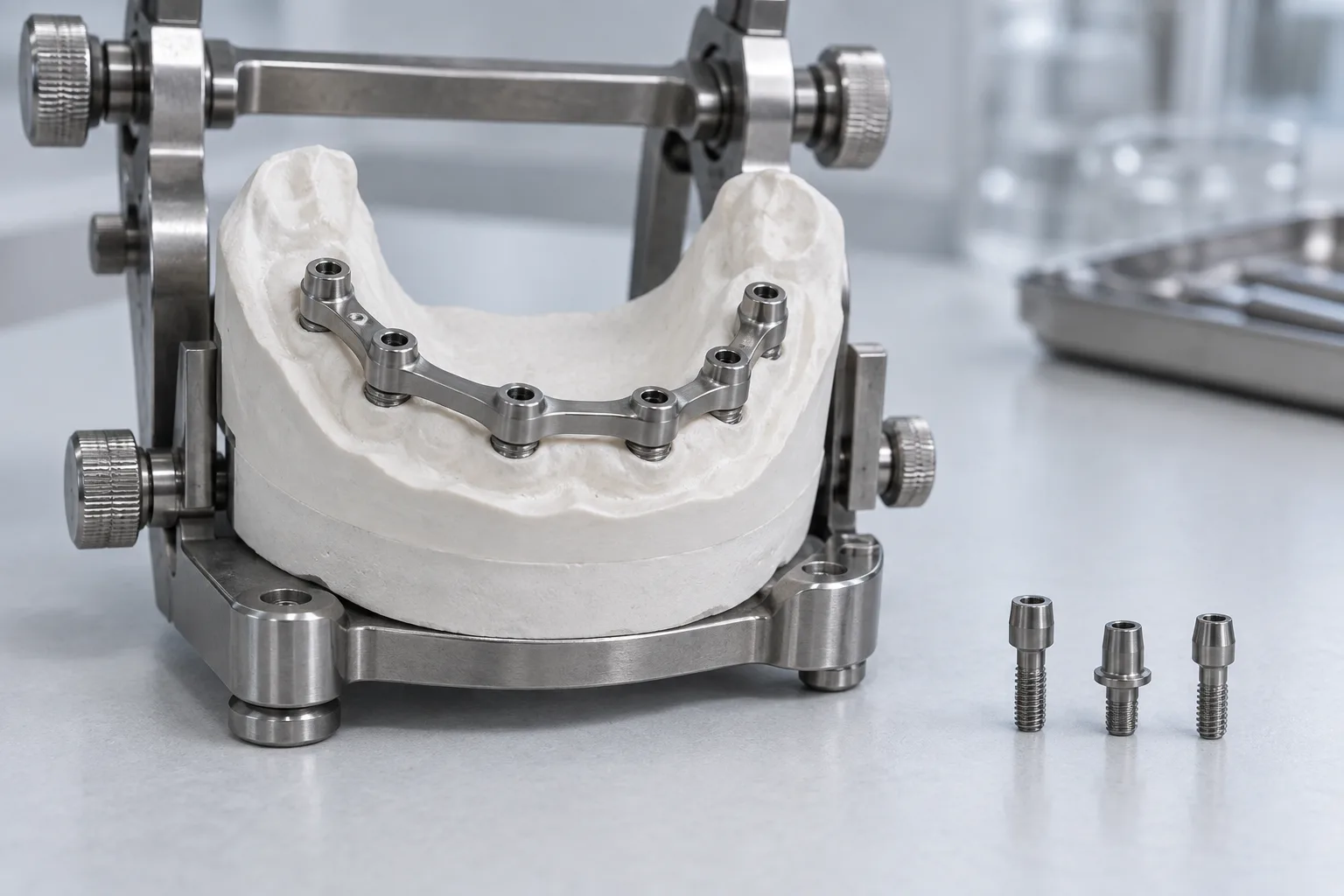 Illustrative full-arch dental model on an articulator with a titanium bar fitted across it and component screws beside it