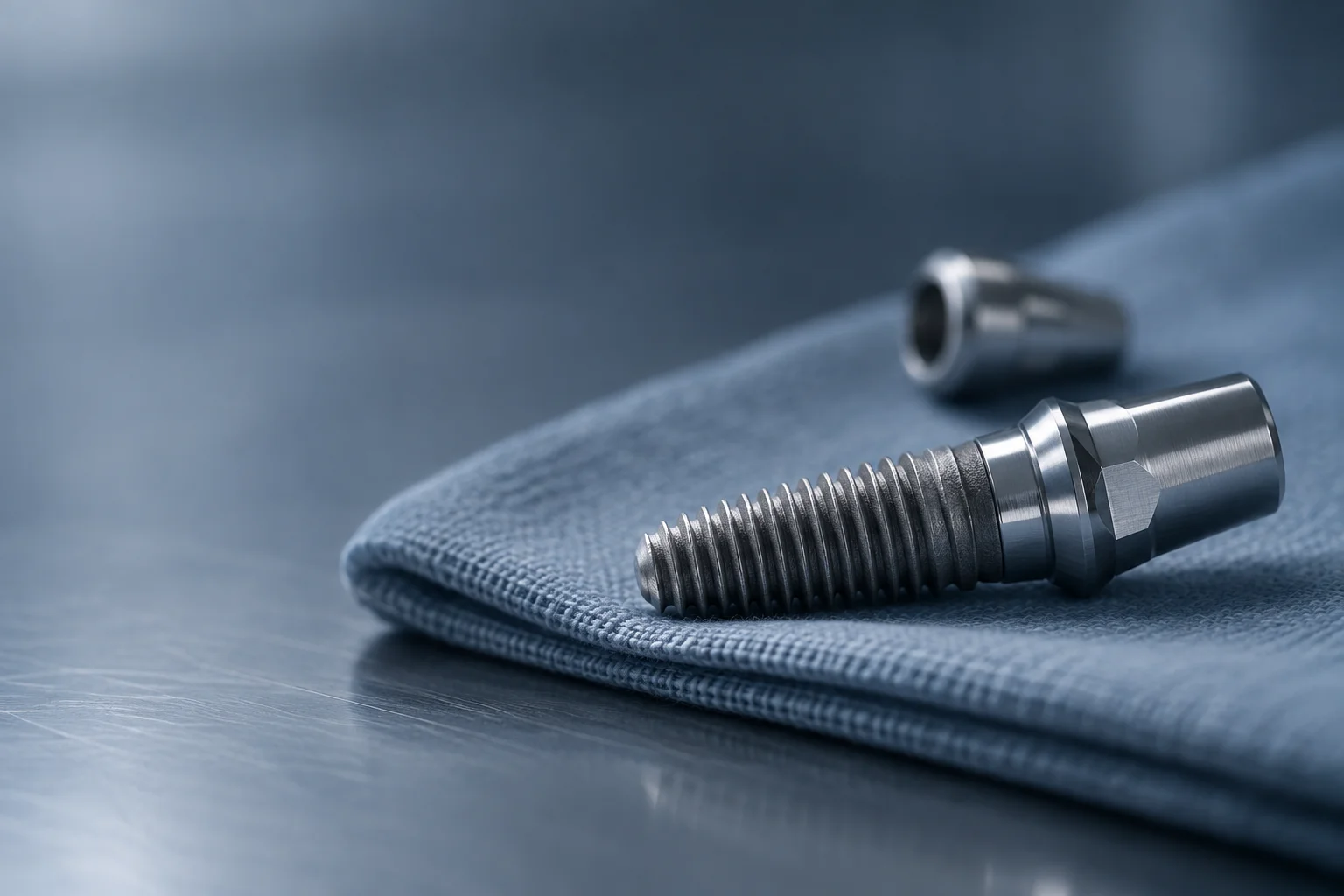 Illustrative implant components on a sterile cloth: a titanium fixture, an abutment, a healing cap and a torque wrench
