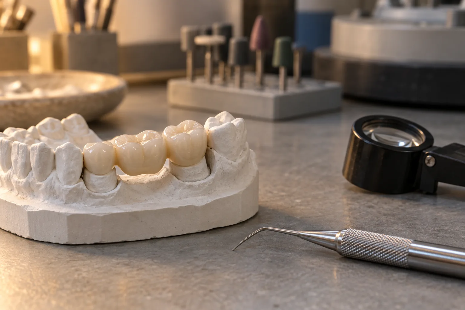Illustrative three-unit ceramic bridge resting on a white plaster dental model on a laboratory bench