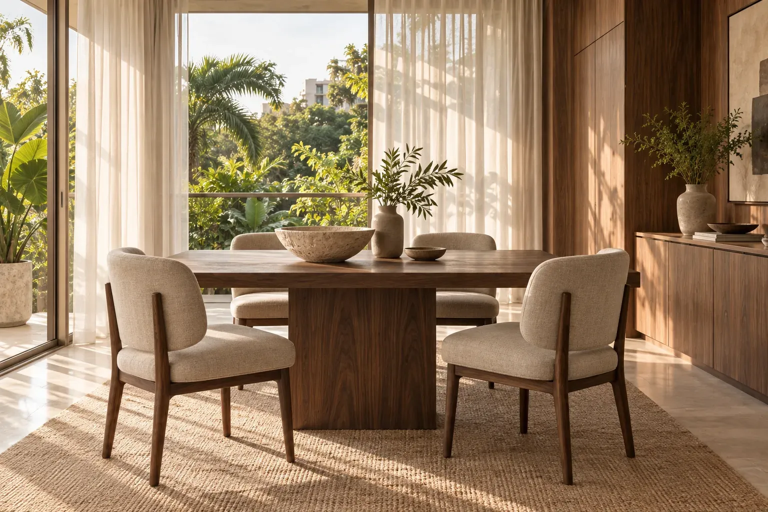 Illustrative private dining room set for a seated celebration, with daylight through the windows and a laid table