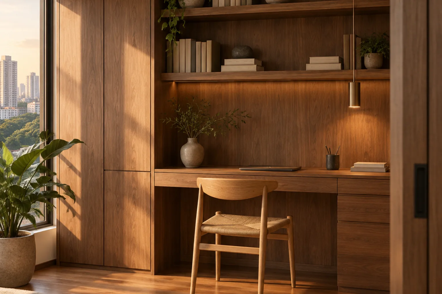 Illustrative work-from-home room with walnut joinery, a built-in desk and open shelves
