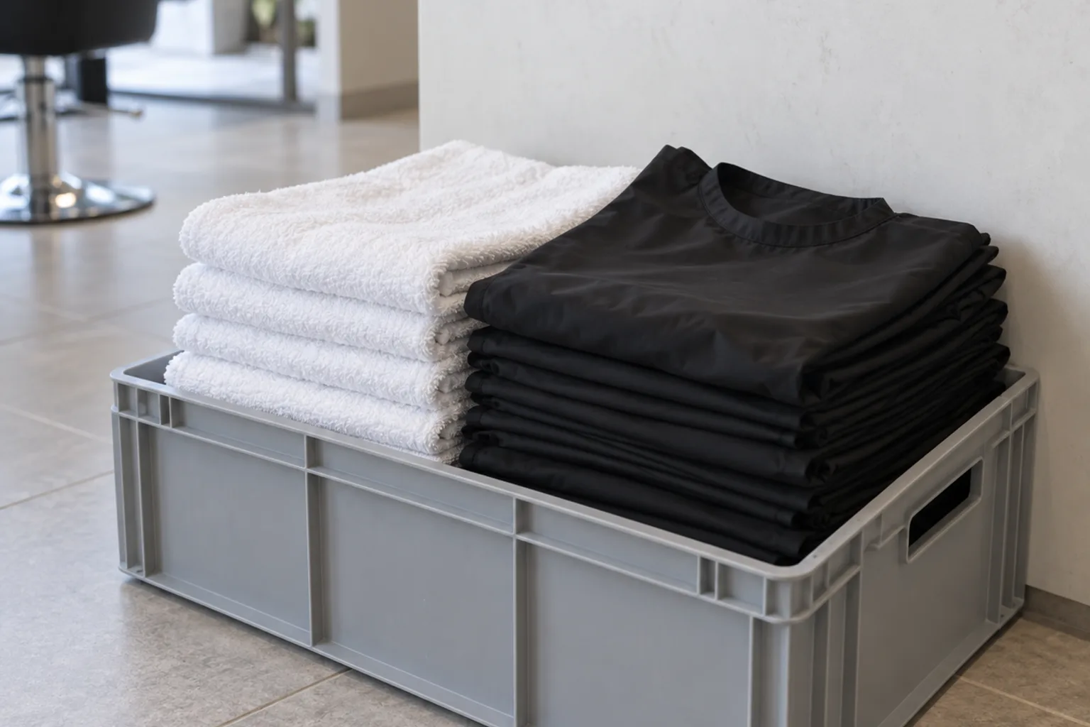 Illustrative business linen: folded white towels and black salon capes stacked in a crate on a tiled floor