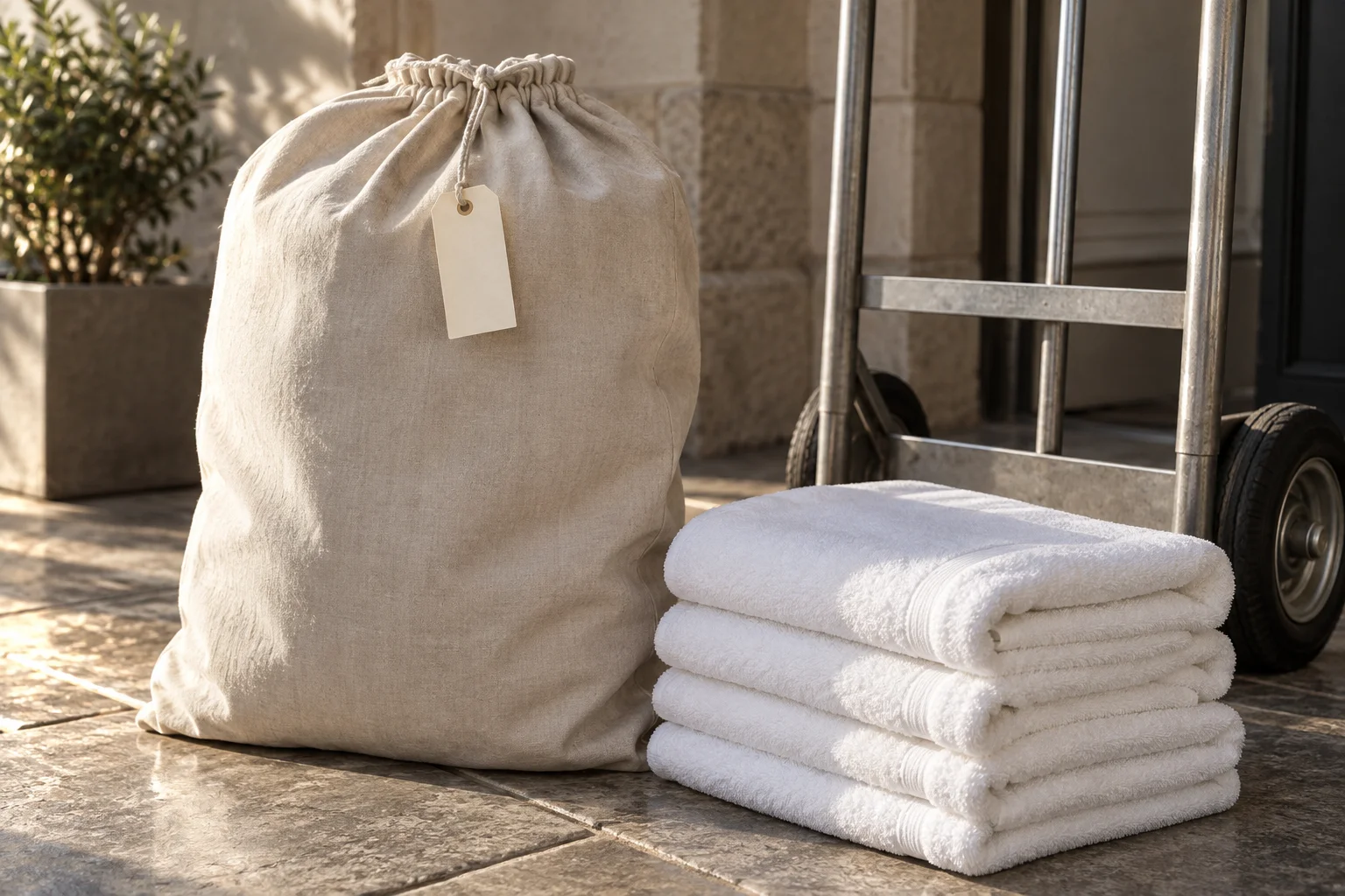 Illustrative collection detail: a sealed plain canvas laundry bag with a blank tag and a folded towel beside a hand truck