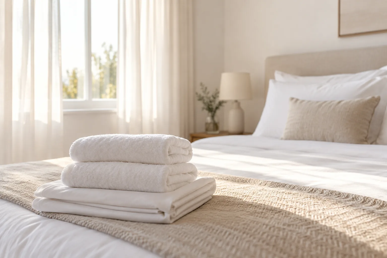Illustrative turnover set: folded white towels and bed linen resting on a made bed in morning light